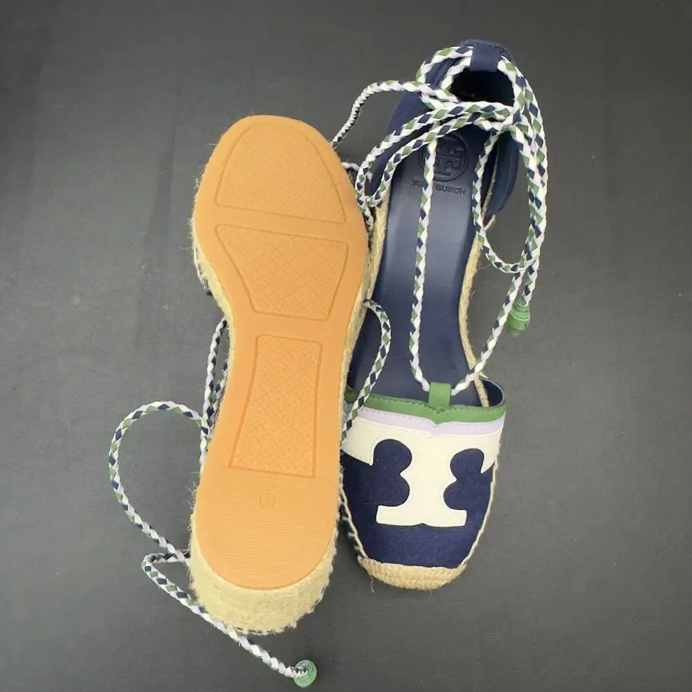 Tory Burch Laguna Espadrille Wedge Shoes Navy Blue Green Lace Up 8.5 NEW